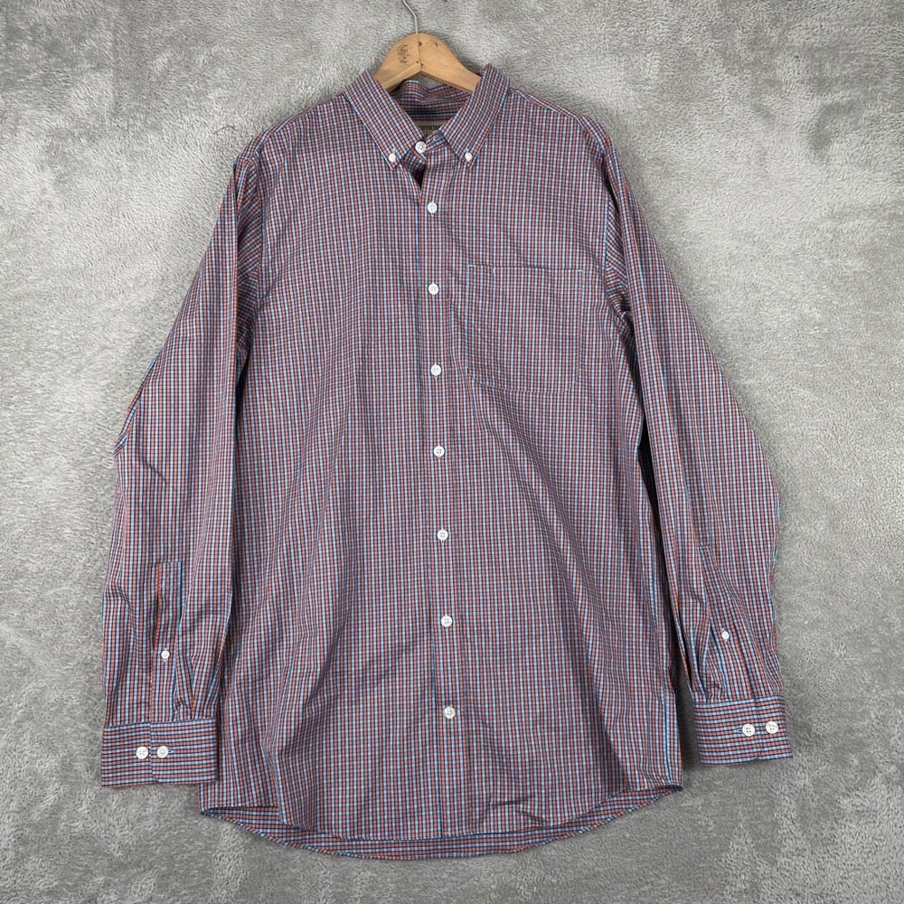 Duluth Trading Co Wrinklefighter Shirt Men Large Tall Blue Orange Plaid Slim Fit